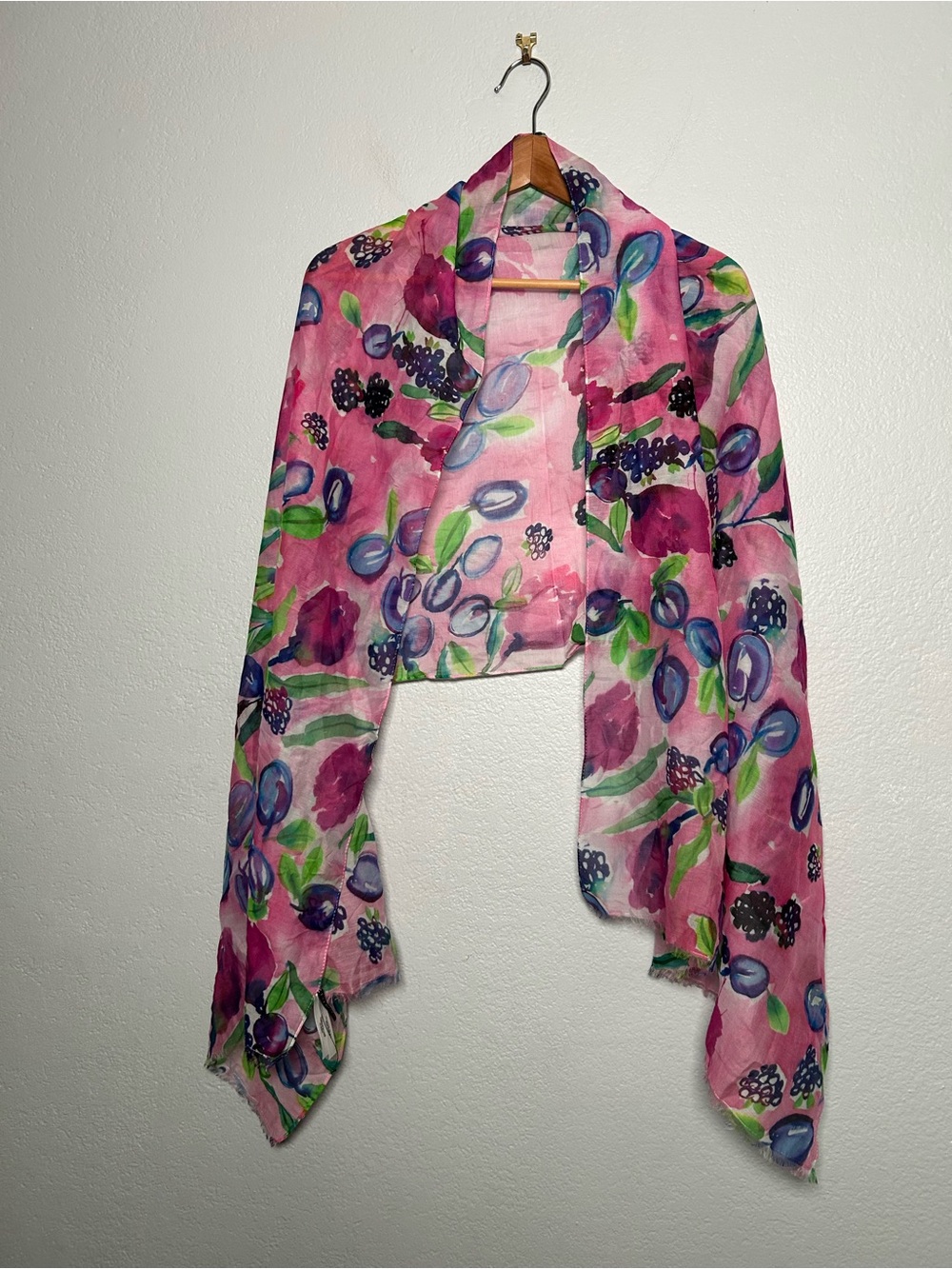Pink Floral Watercolor Berries cotton Silk Blend Scarf Wrap 70”x26”
